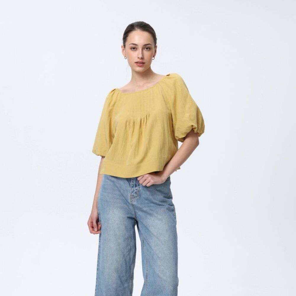 Women's Puff Short Sleeve Backless Blouse - A New Day Yellow M